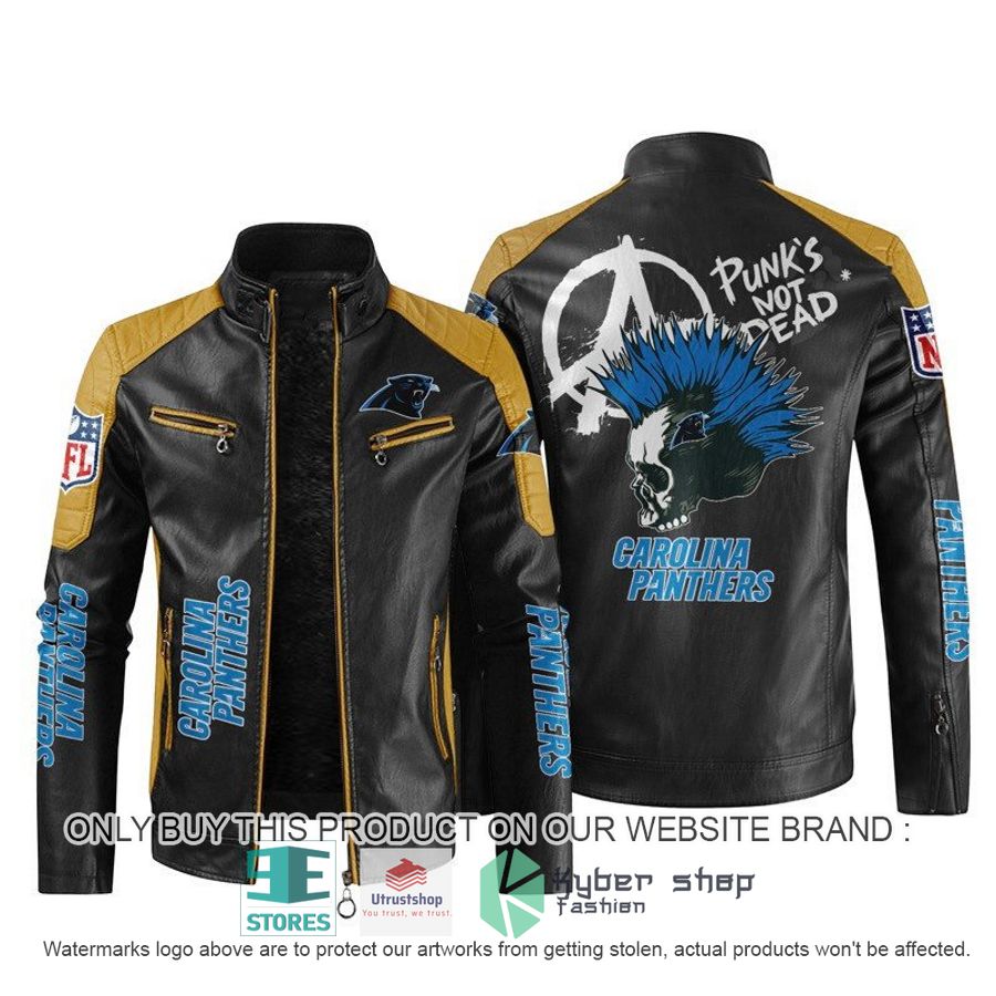 NEW Carolina Panthers Punk's Not Dead Skull color block leather jacket 5 nfl carolina panthers punks not dead skull block leather jacket 5 18519