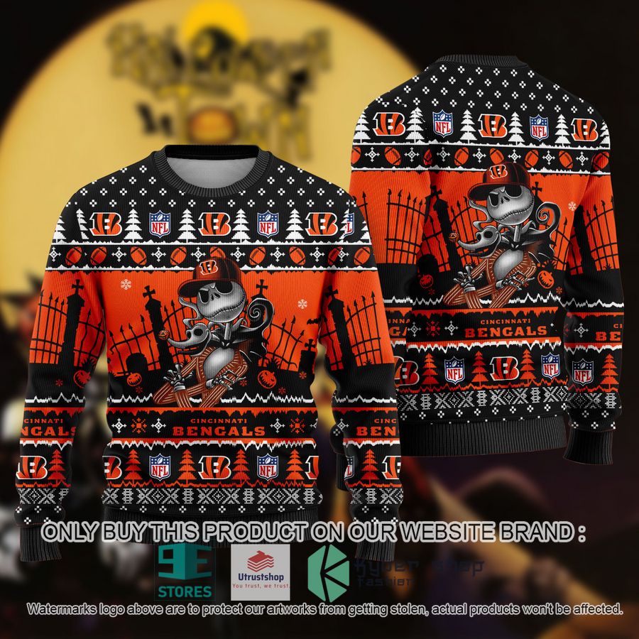 NEW Jack Skellington Cincinnati Bengals Sweatshirt 8 nfl jack skellington cincinnati bengals ugly christmas sweater 1 15356