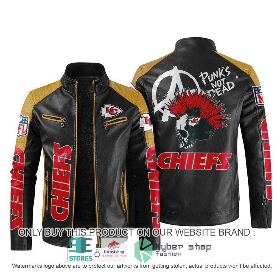 NEW Kansas City Chiefs Punk's Not Dead Skull color block leather jacket 5 nfl kansas city chiefs punks not dead skull block leather jacket 5 41702