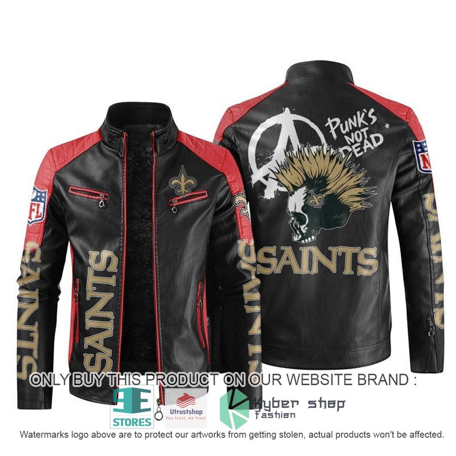 NEW New Orleans Saints Punk's Not Dead Skull color block leather jacket 4 nfl new orleans saints punks not dead skull block leather jacket 4 60283