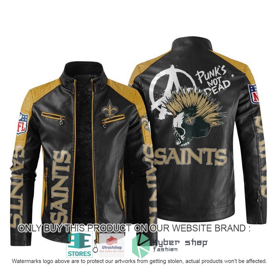 NEW New Orleans Saints Punk's Not Dead Skull color block leather jacket 5 nfl new orleans saints punks not dead skull block leather jacket 5 26524
