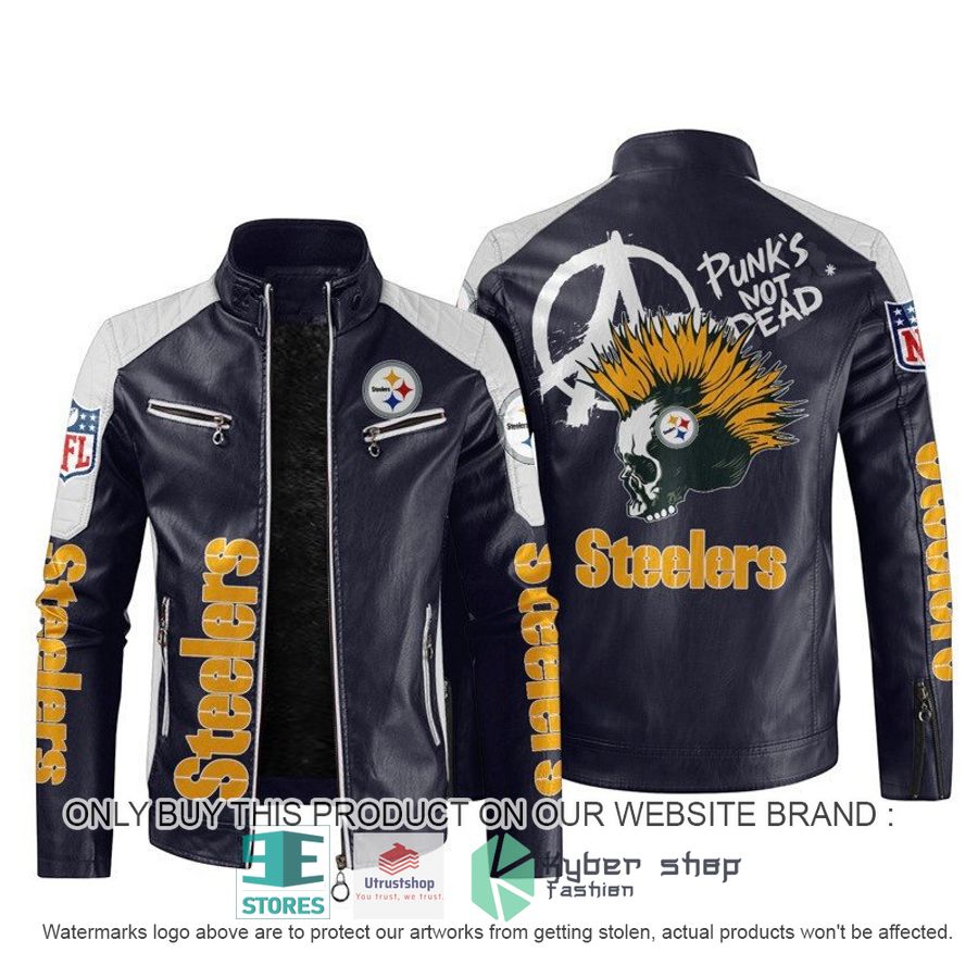 NEW Pittsburgh Steelers Punk's Not Dead Skull color block leather jacket 3 nfl pittsburgh steelers punks not dead skull block leather jacket 3 45504