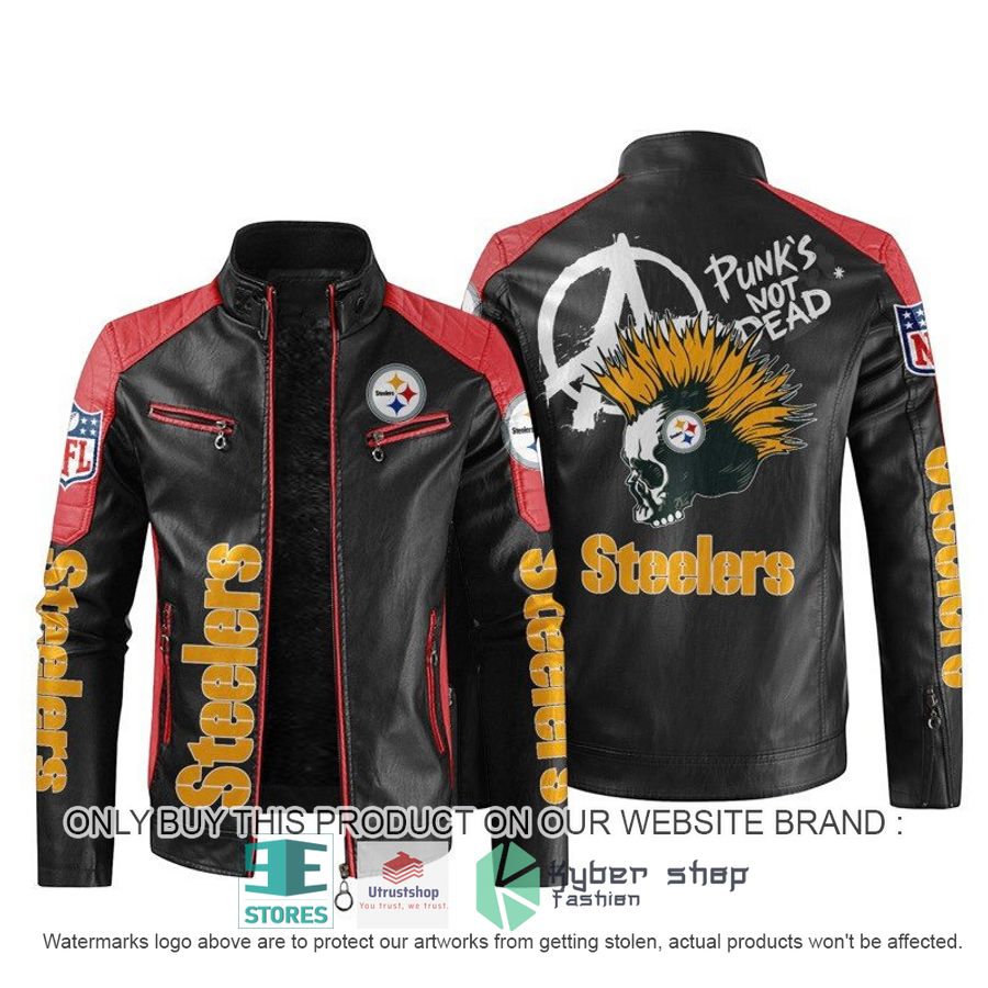 NEW Pittsburgh Steelers Punk's Not Dead Skull color block leather jacket 4 nfl pittsburgh steelers punks not dead skull block leather jacket 4 36085