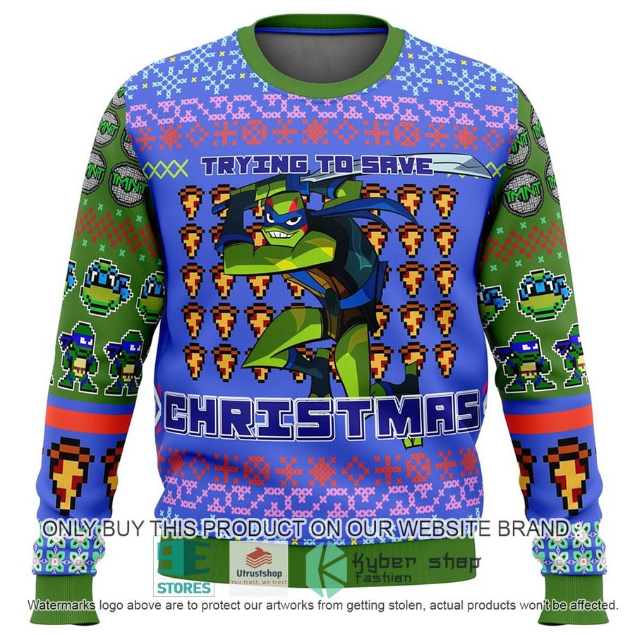 NEW Ninja Turtle Leonardo Trying To Save Christmas Ugly Sweater 2 ninja turtle leonardo trying to save christmas ugly christmas sweater 1 99003