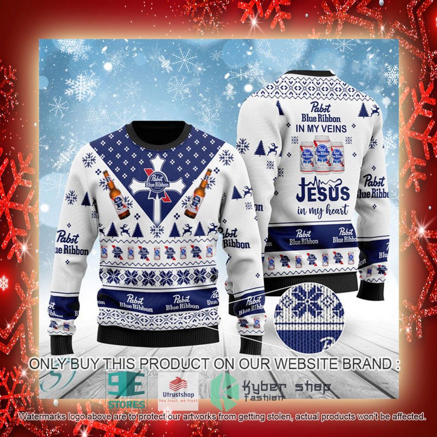 NEW Pabst Blue Ribbon In My Veins Jesus In My Heart Christmas Ugly Sweater 3 pabst blue ribbon in my veins jesus in my heart ugly christmas sweater 3 93401