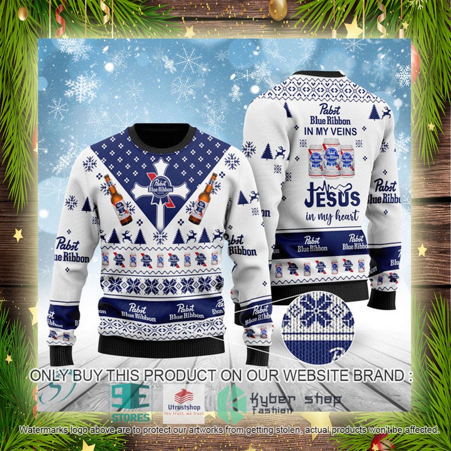 NEW Pabst Blue Ribbon In My Veins Jesus In My Heart Christmas Ugly Sweater 4 pabst blue ribbon in my veins jesus in my heart ugly christmas sweater 4 16600