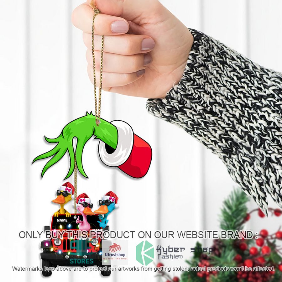 personalized grinch hand holding three duck jeep christmas ornament 2 50394