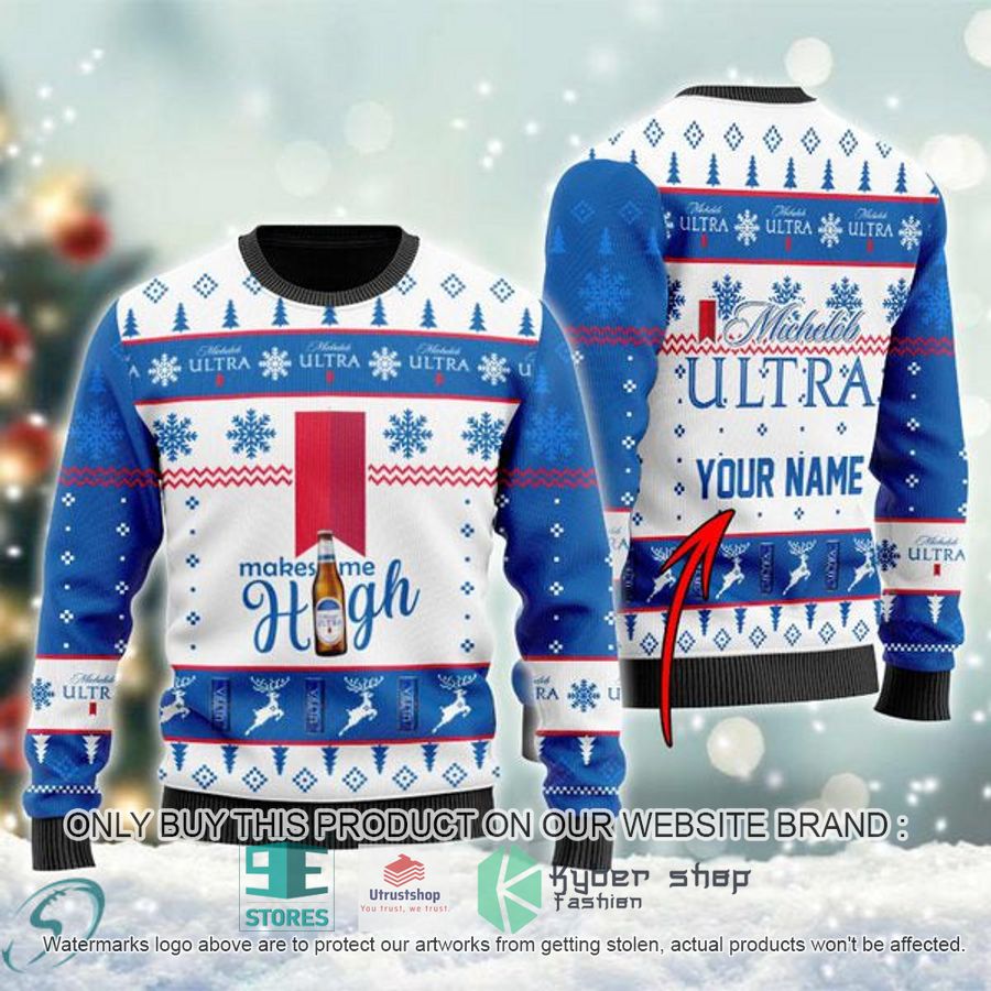 personalized michelob ultra makes me high ugly christmas sweater 1 67351