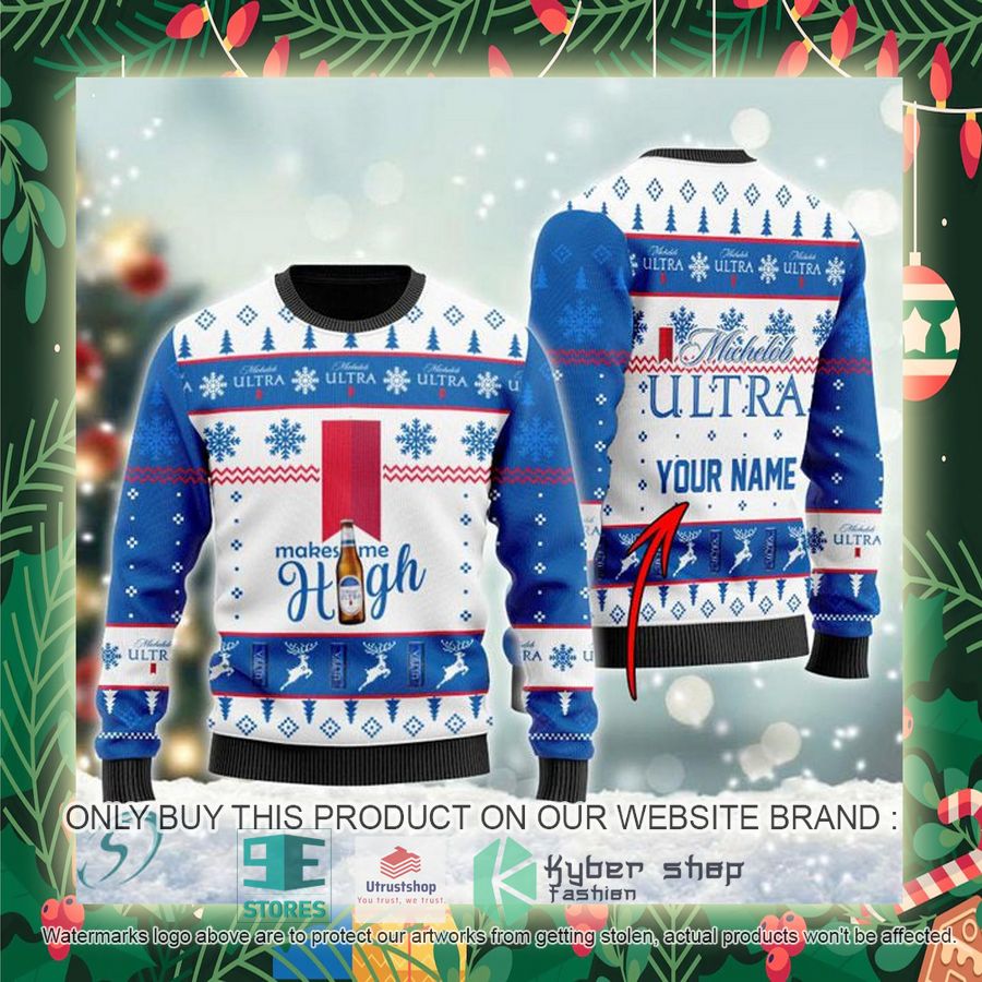 personalized michelob ultra makes me high ugly christmas sweater 2 44456