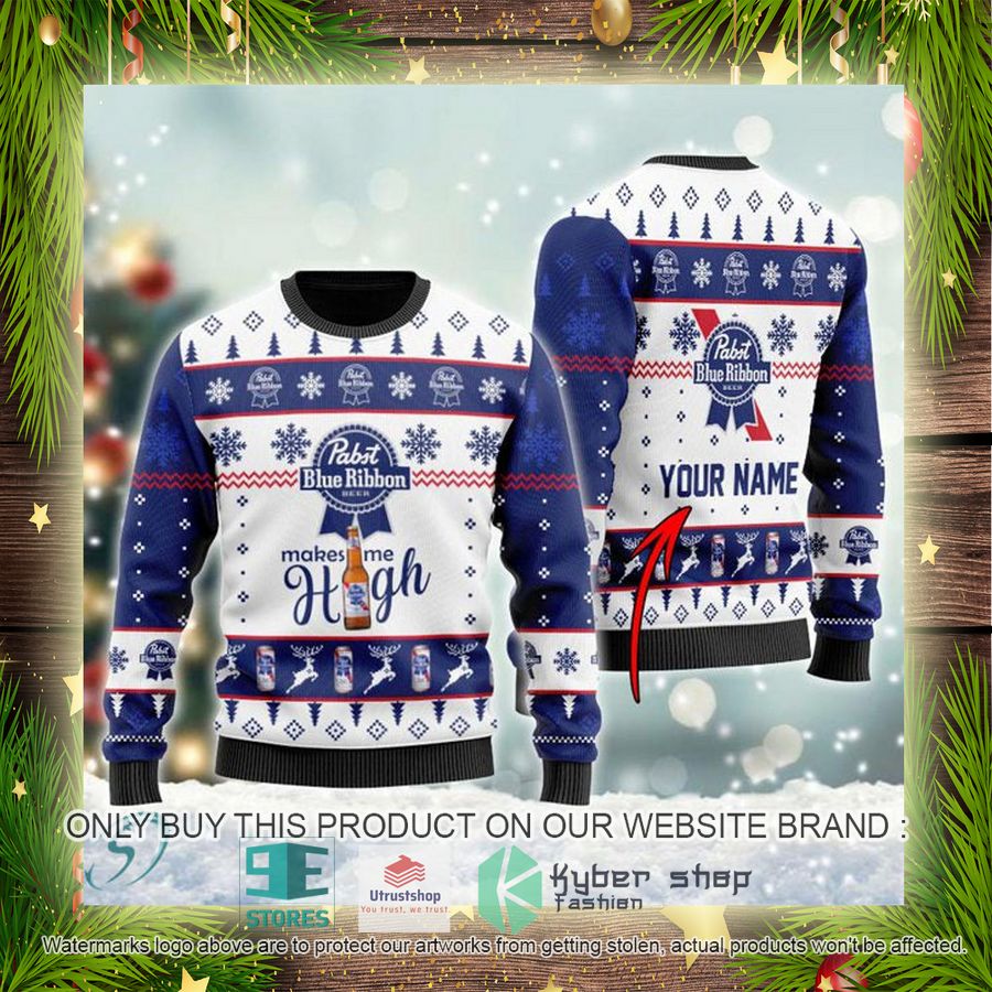 NEW Personalized Pabst Blue Ribbon Makes Me High Christmas Ugly Sweater 4 personalized pabst blue ribbon makes me high ugly christmas sweater 4 41763