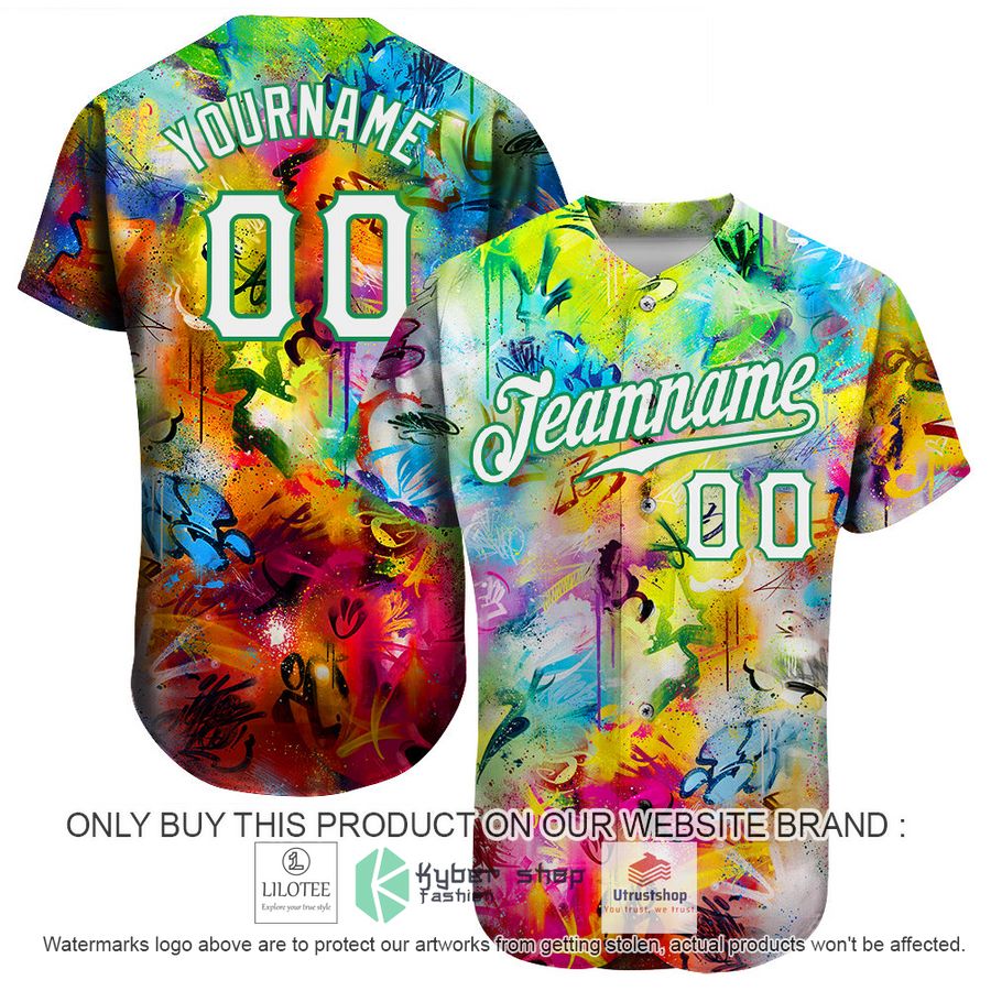 personalized scratch graffiti pattern white kelly green 3d baseball jersey 1 73383