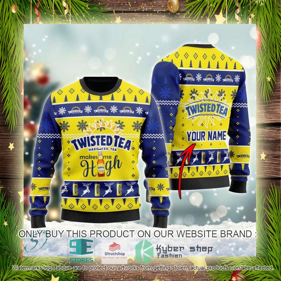 NEW Personalized Twisted Tea Makes Me High Christmas Ugly Sweater 4 personalized twisted tea makes me high ugly christmas sweater 4 75722