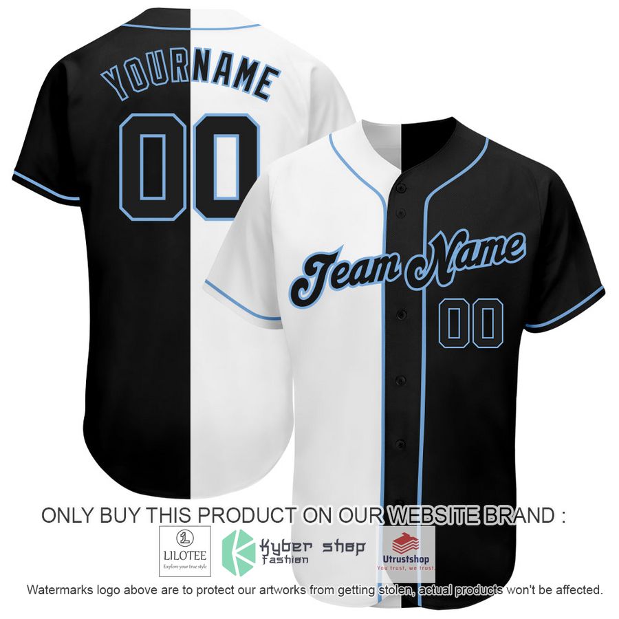 personalized white black light blue split baseball jersey 1 48661