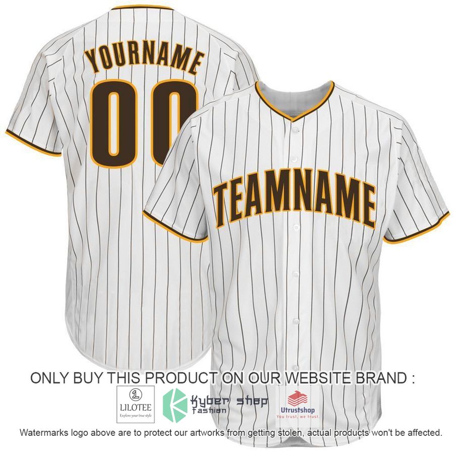 personalized white brown pinstripe brown gold baseball jersey 1 68759