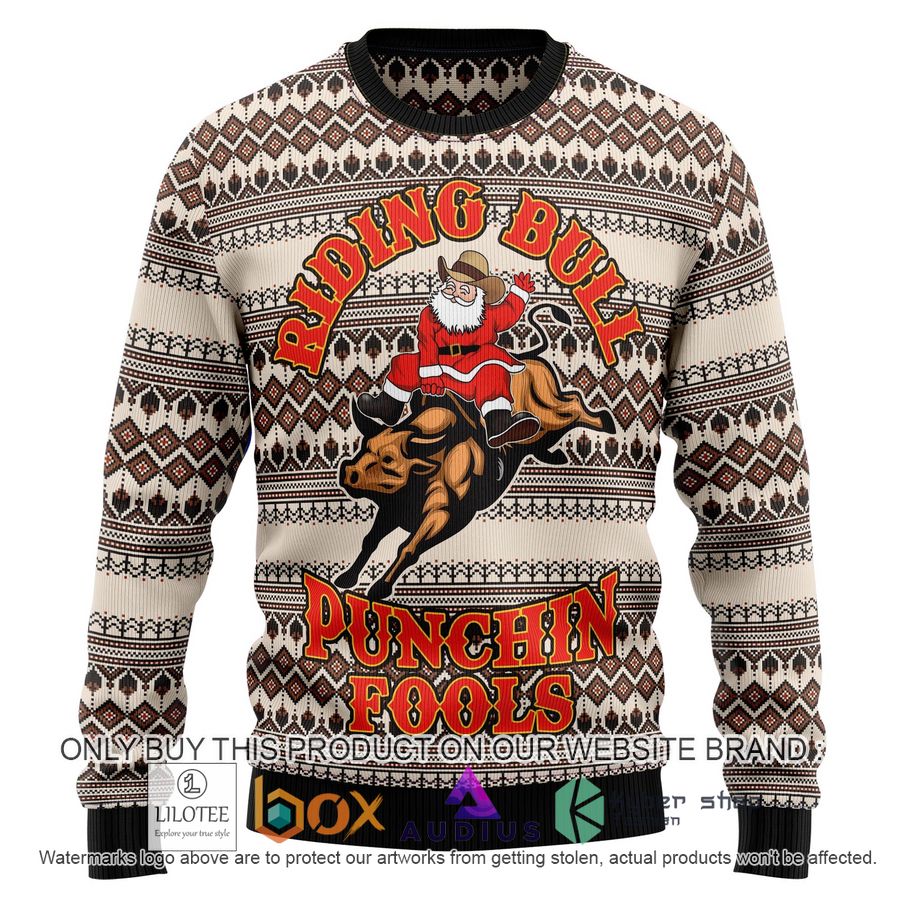 riding bulls punchin fools ugly christmas sweater 1 145