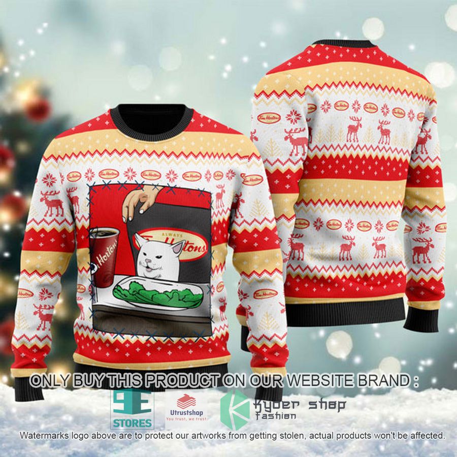 tim hortons cat meme ugly christmas sweater 1 60365