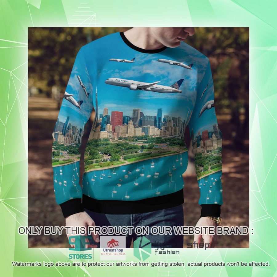 NEW United Airlines Boeing 787-9 Dreamliner Merry Christmas 2021 Over Chicago Christmas Sweater 10 united airlines boeing 787 9 dreamliner merry christmas 2021 over chicago christmas sweater 10 51683