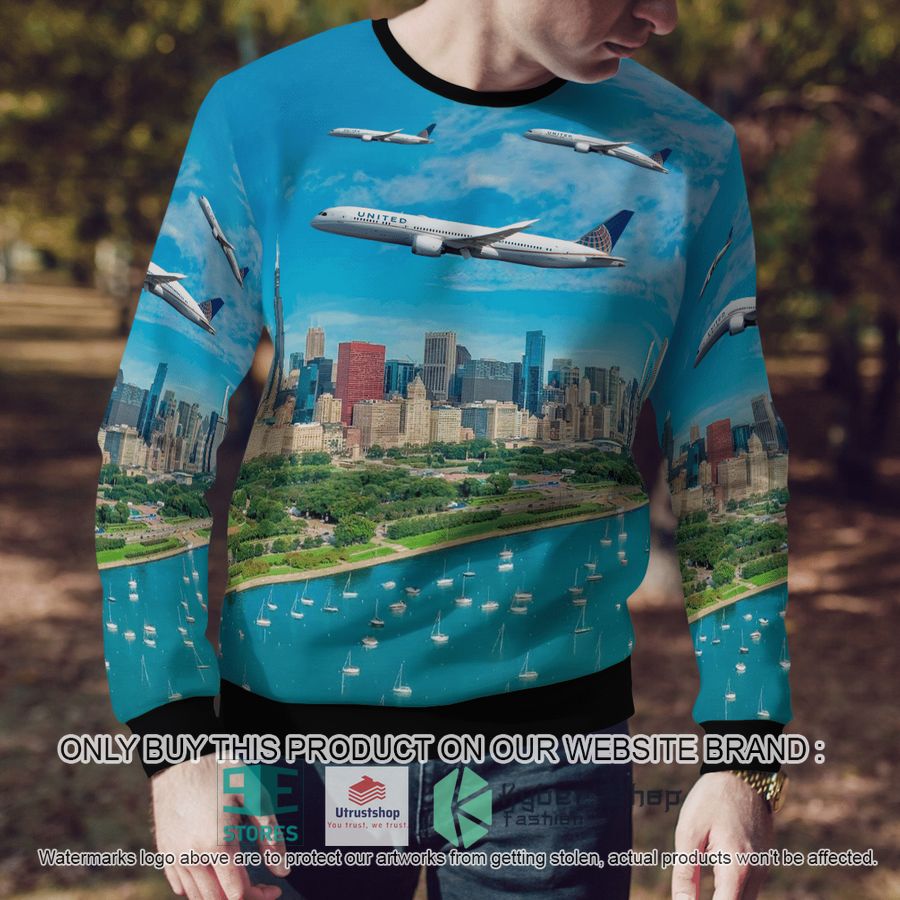 NEW United Airlines Boeing 787-9 Dreamliner Merry Christmas 2021 Over Chicago Christmas Sweater 4 united airlines boeing 787 9 dreamliner merry christmas 2021 over chicago christmas sweater 4 79596