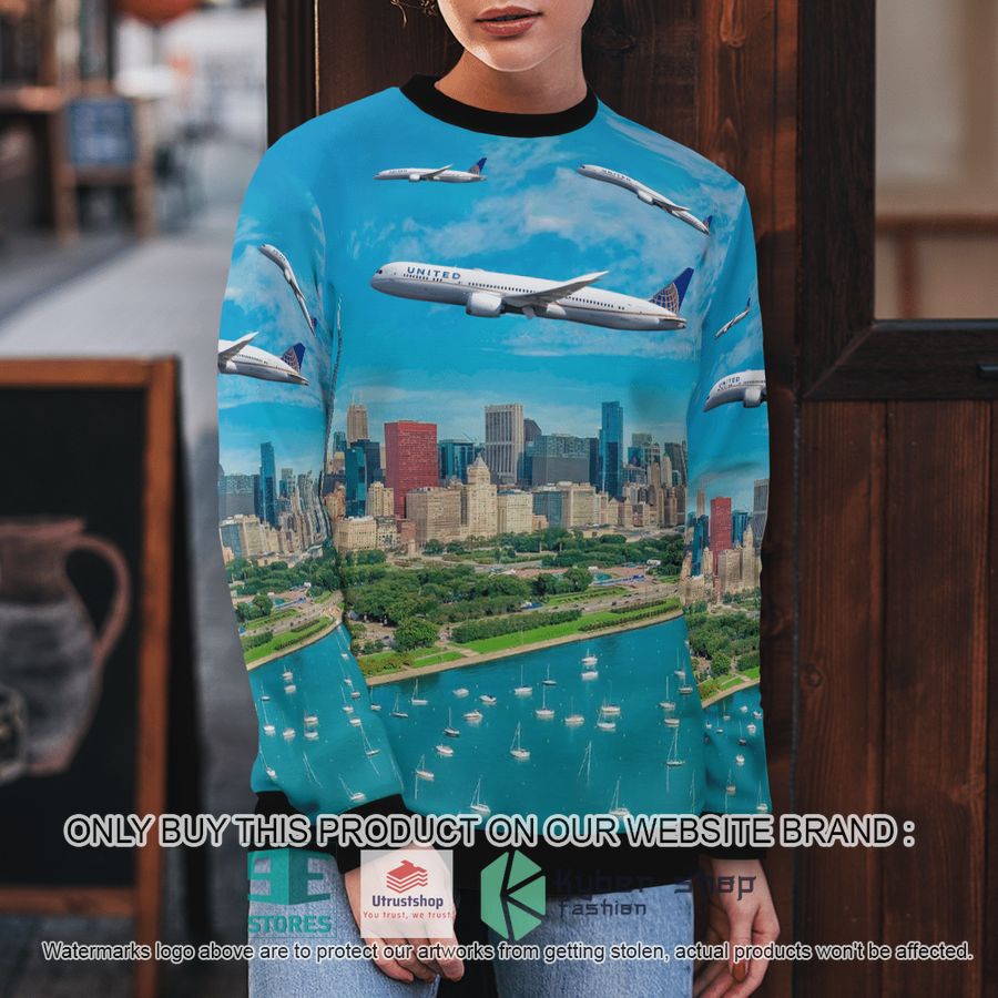 NEW United Airlines Boeing 787-9 Dreamliner Merry Christmas 2021 Over Chicago Christmas Sweater 5 united airlines boeing 787 9 dreamliner merry christmas 2021 over chicago christmas sweater 5 37817