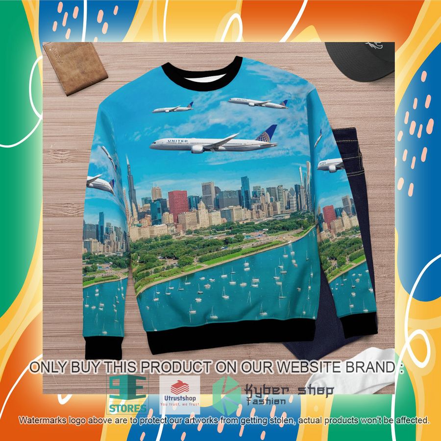 NEW United Airlines Boeing 787-9 Dreamliner Merry Christmas 2021 Over Chicago Christmas Sweater 7 united airlines boeing 787 9 dreamliner merry christmas 2021 over chicago christmas sweater 7 77225