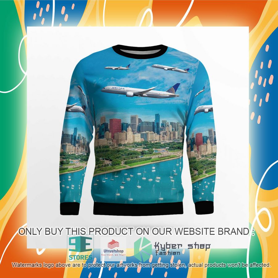 NEW United Airlines Boeing 787-9 Dreamliner Merry Christmas 2021 Over Chicago Christmas Sweater 8 united airlines boeing 787 9 dreamliner merry christmas 2021 over chicago christmas sweater 8 75786
