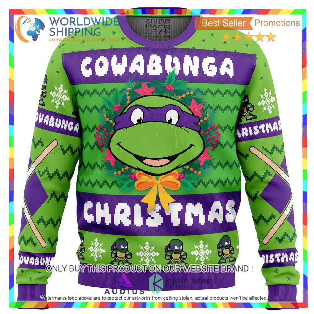 cowabunga donatello christmas teenage mutant ninja turtles ugly christmas sweater 1 76609