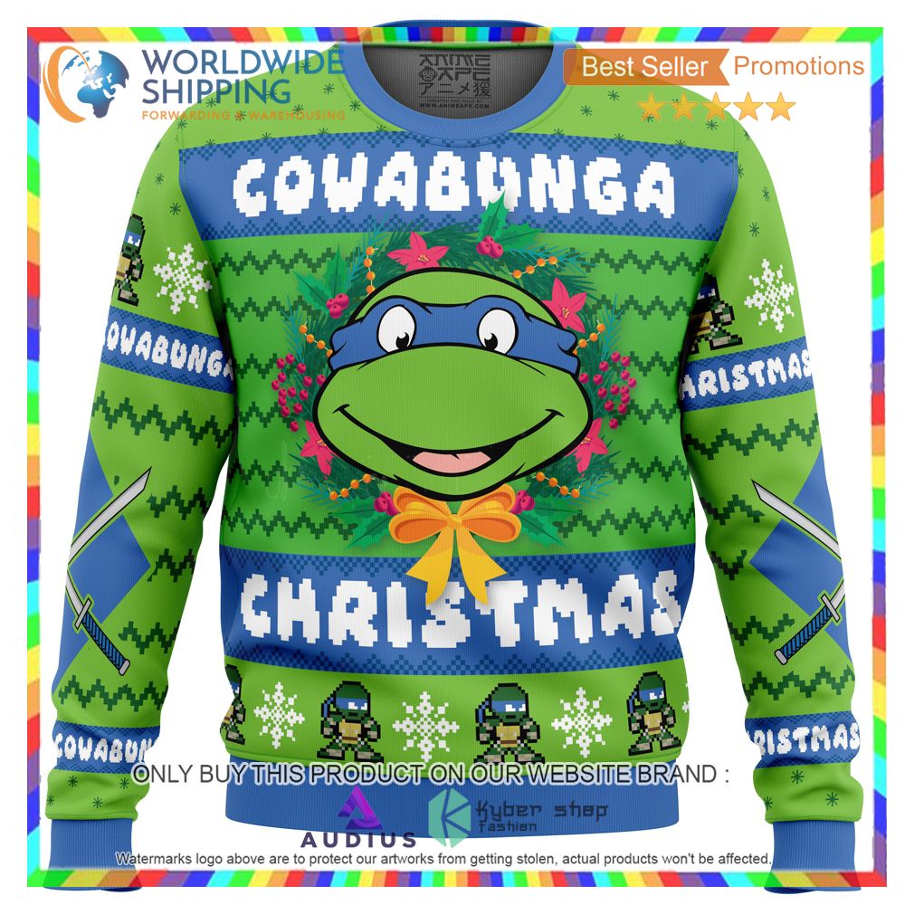 cowabunga leonardo christmas teenage mutant ninja turtles ugly christmas sweater 2 73612