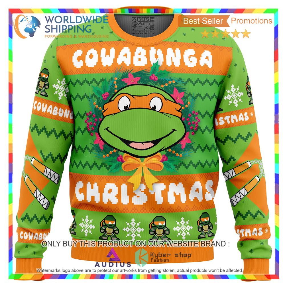 cowabunga michaelangelo christmas teenage mutant ninja turtles ugly christmas sweater 2 70867