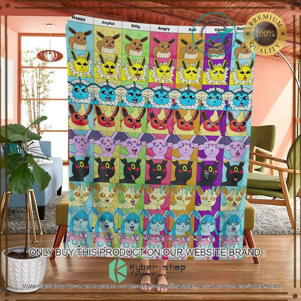 Eevee And The Evolution Emotion Faces Custom Pokemon Soft Blanket 4 eevee and the evolution emotion faces custom pokemon soft blanket 4 39195