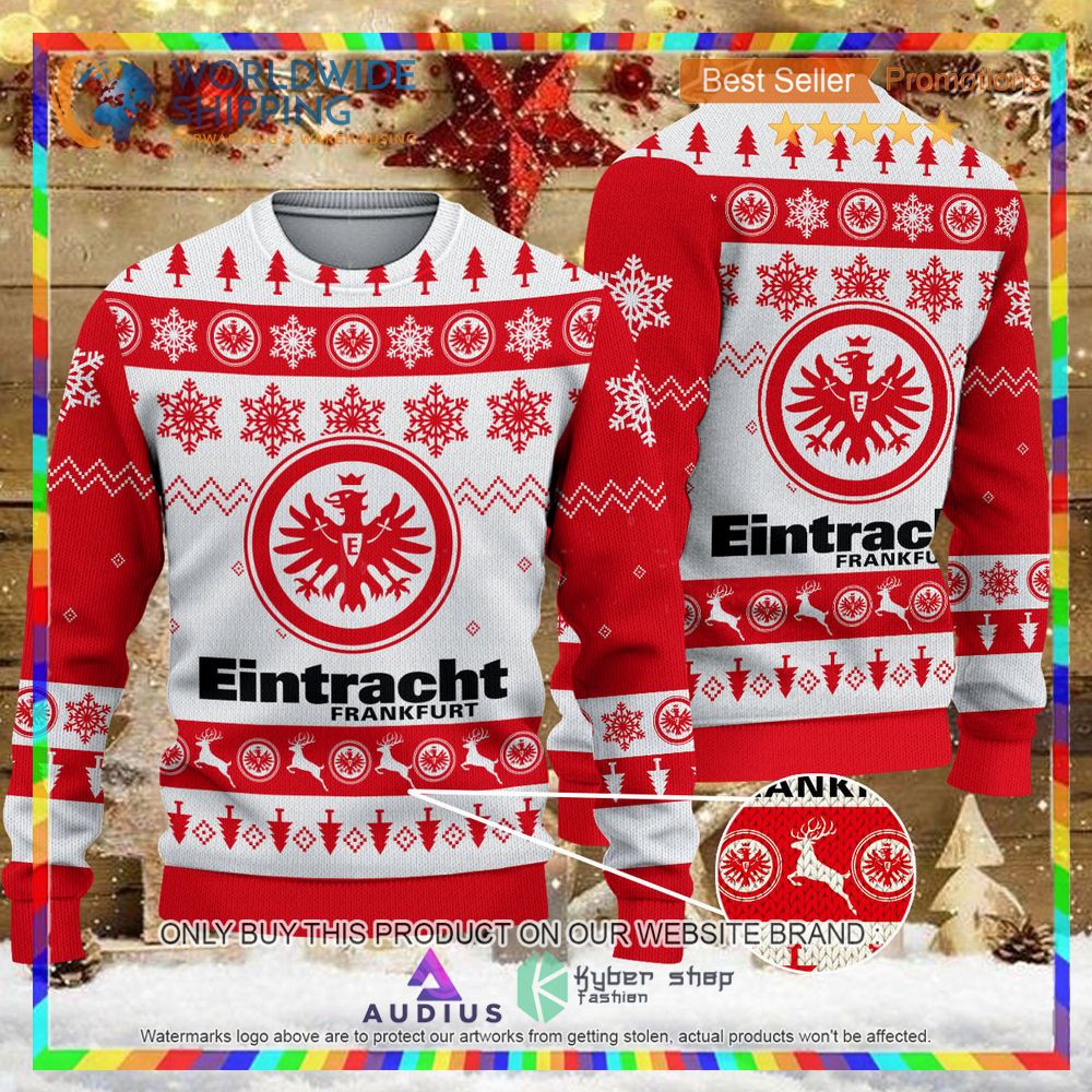eintracht frankfurt white red ugly christmas sweater 1 84476