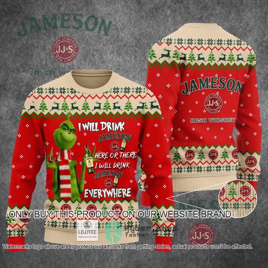 grinch i will drink here or there i will drink everywhere jameson christmas sweater sweatshirt 1 26579