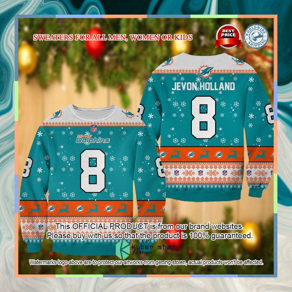 Jevon Holland Miami Dolphins Christmas Sweater 3 Jevon Holland Miami Dolphins Christmas Sweater word1
