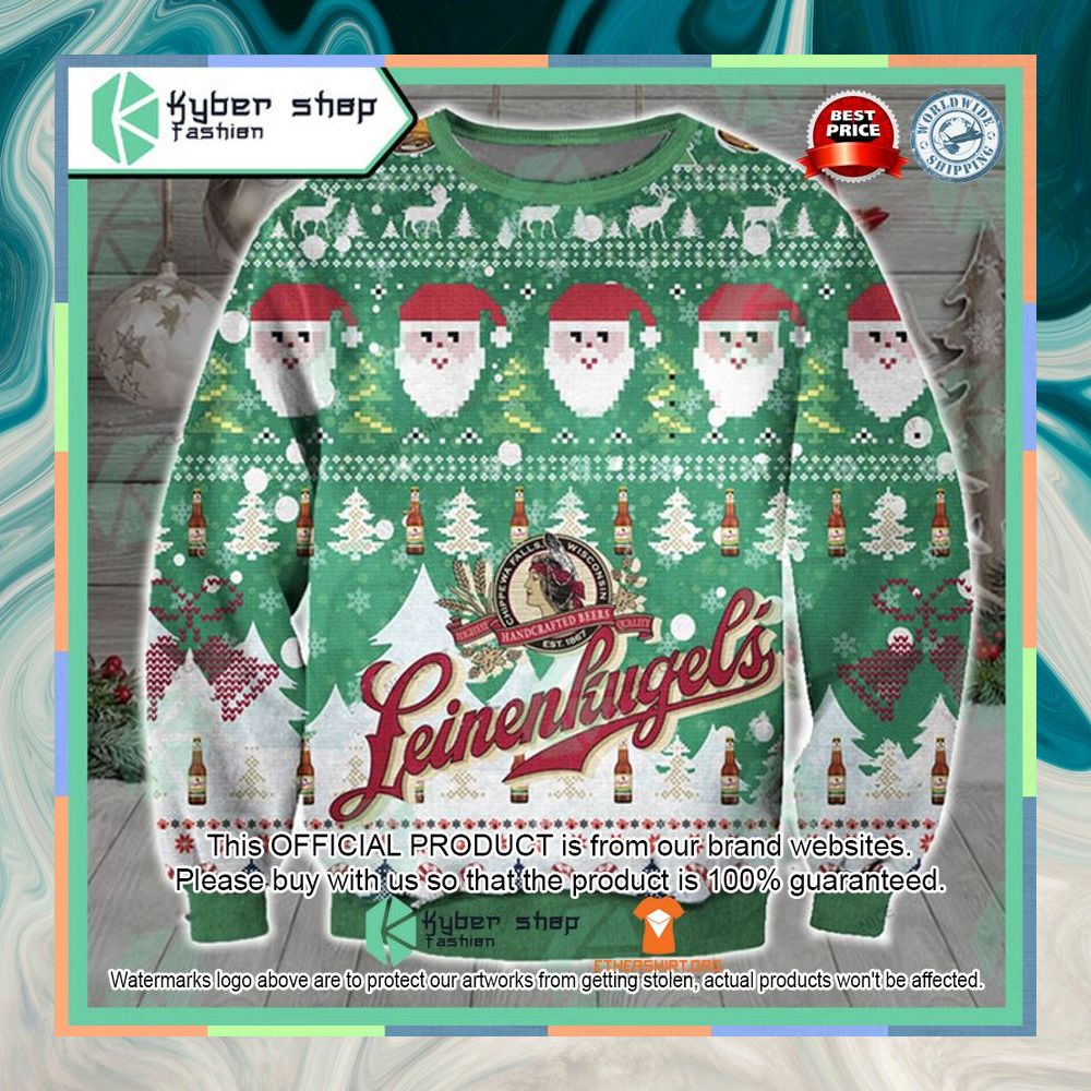 Leinenkugel's Santa Claus green white Christmas Sweater 3 Leinenkugel's Santa Claus green white Christmas Sweater word2