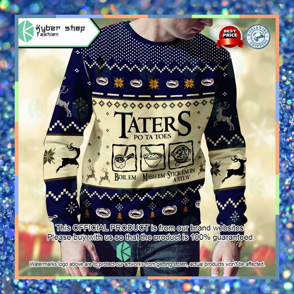 Lord Of The Rings Taters Potatoes Recipe blue Christmas Sweater 7 Lord Of The Rings Taters Potatoes Recipe blue Christmas Sweater word3