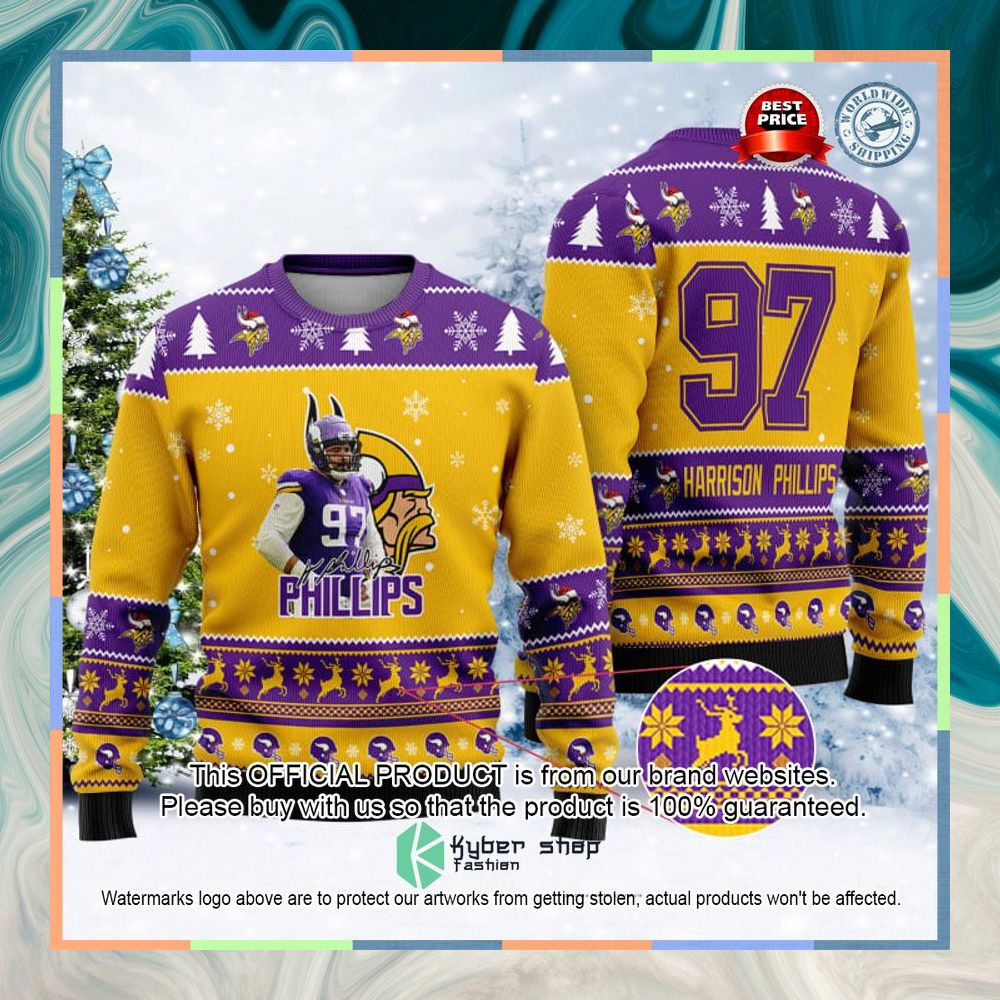 Minnesota Vikings Harrison Phillips 97 Christmas Sweater 4