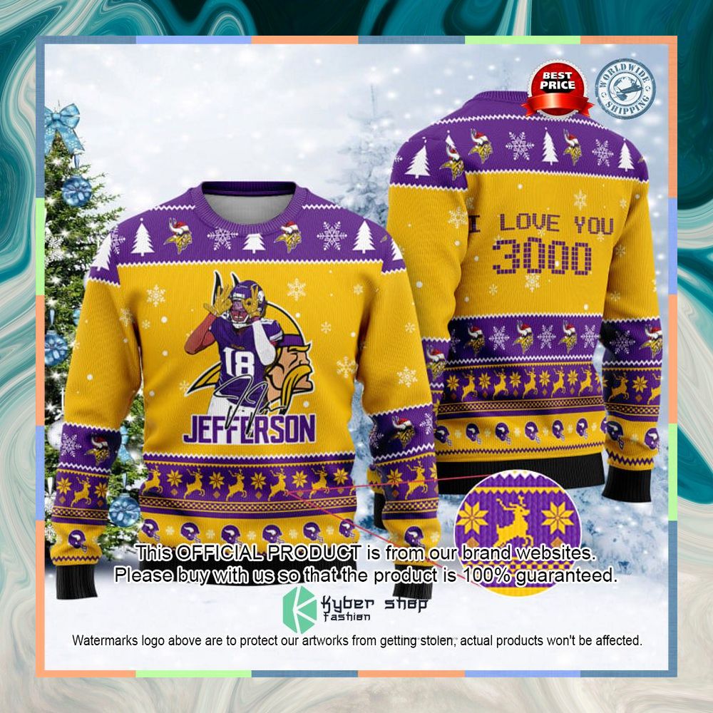 Minnesota Vikings Justin Jefferson I Love You 300 Christmas Sweater 9