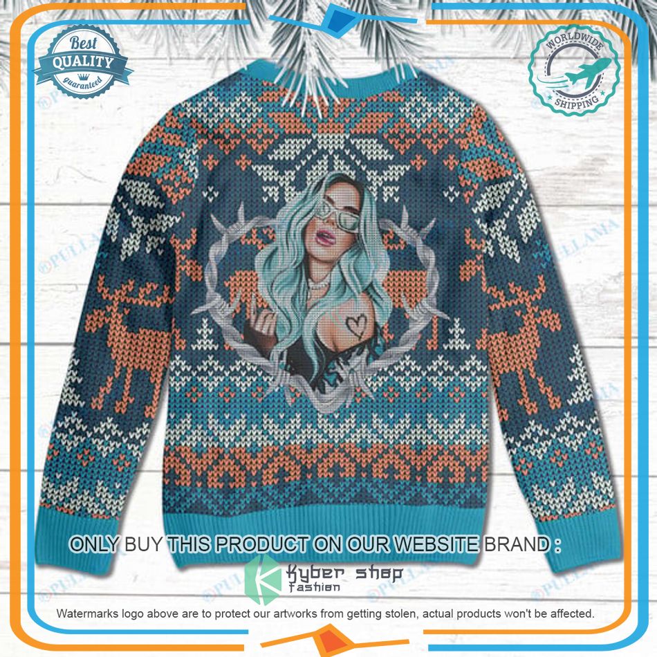 Personalized Karol G blue Ugly Christmas Sweater 3 Personalized Karol G blue Ugly Christmas Sweater word3