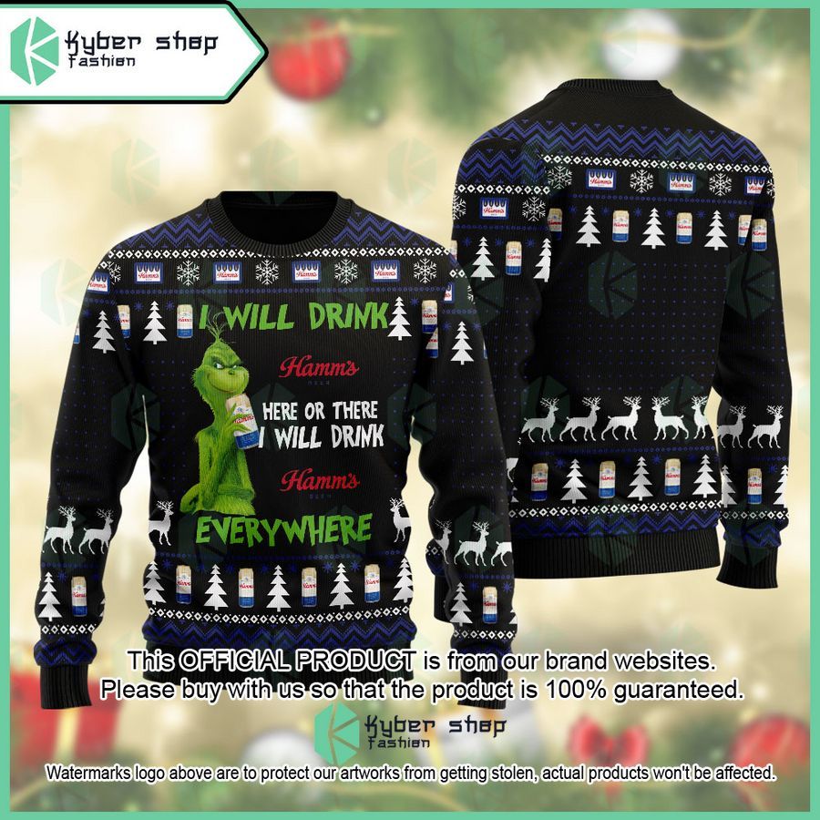 The Grinch I Will Drink Hamm's Here or There Sweater Christmas word1
