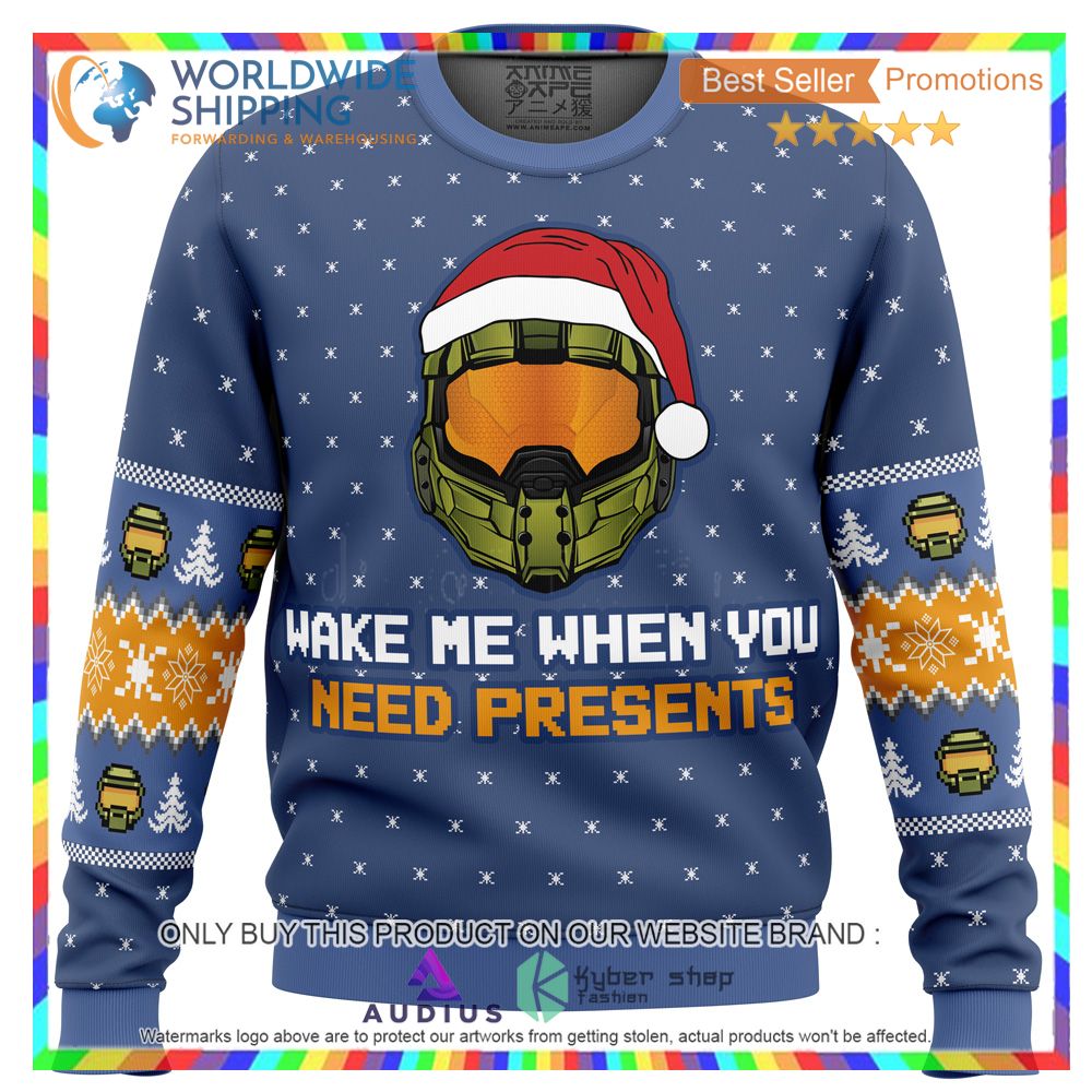 wake me when you need presents halo ugly christmas sweater 1 45965