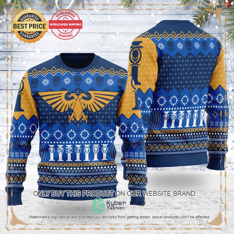 warhammer 40000 imperium logo blue ugly christmas sweater 2 46658