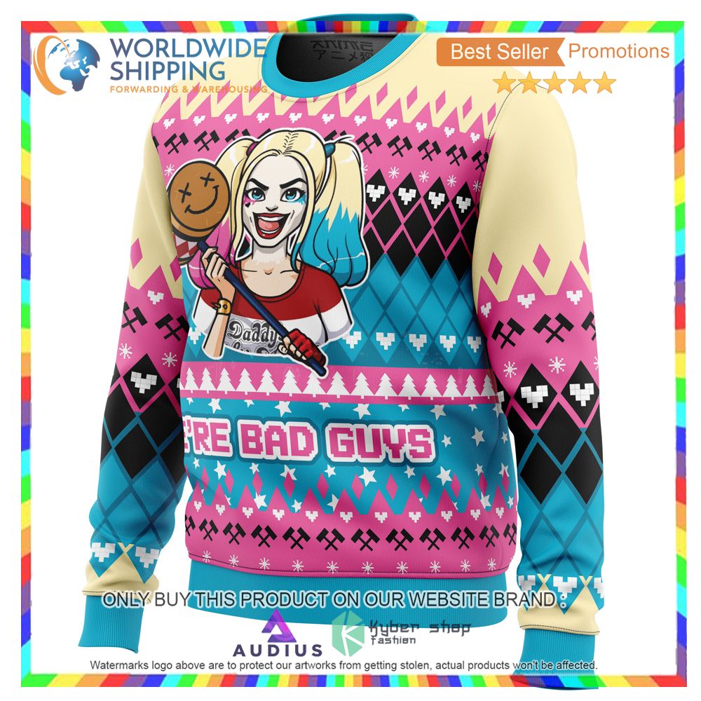 We're Bad Guys Harley Quinn DC Comics Ugly Christmas Sweater 3 were bad guys harley quinn dc comics ugly christmas sweater 3 23983