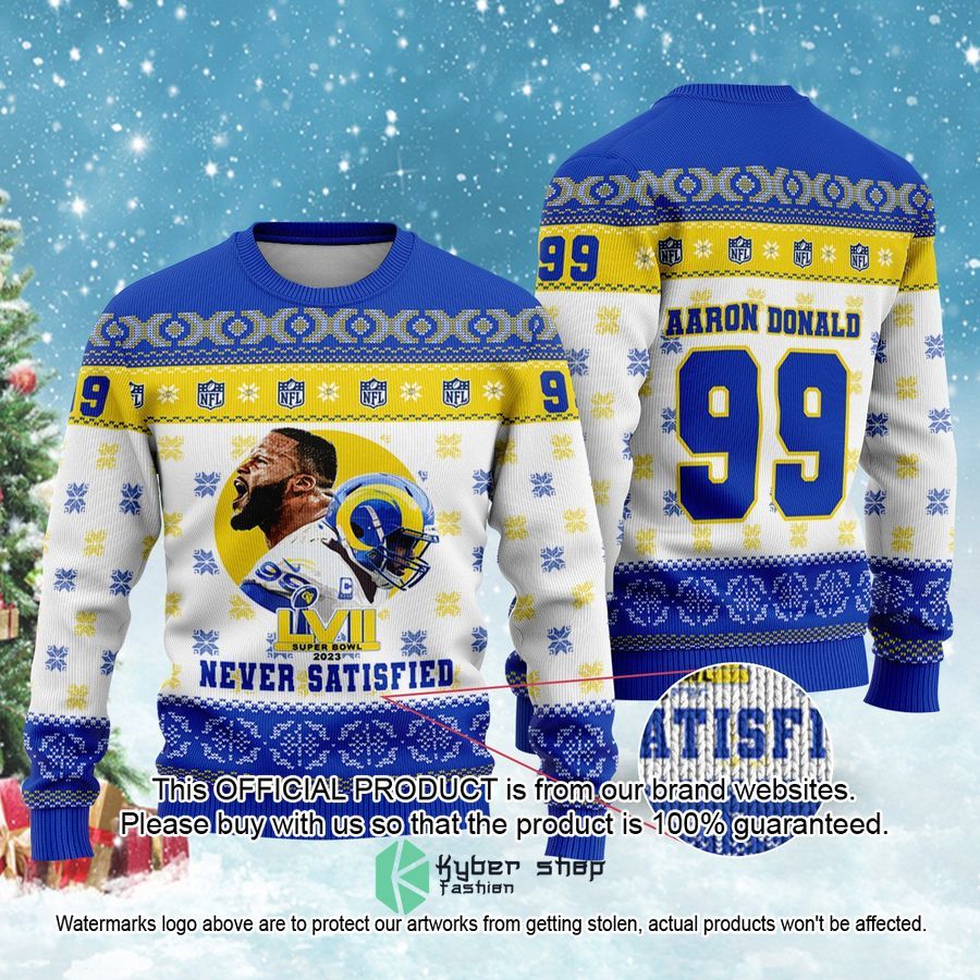 Aaron Donald Never Satisfied Los Angeles Rams 99 Super Bowl NFL Christmas Sweater