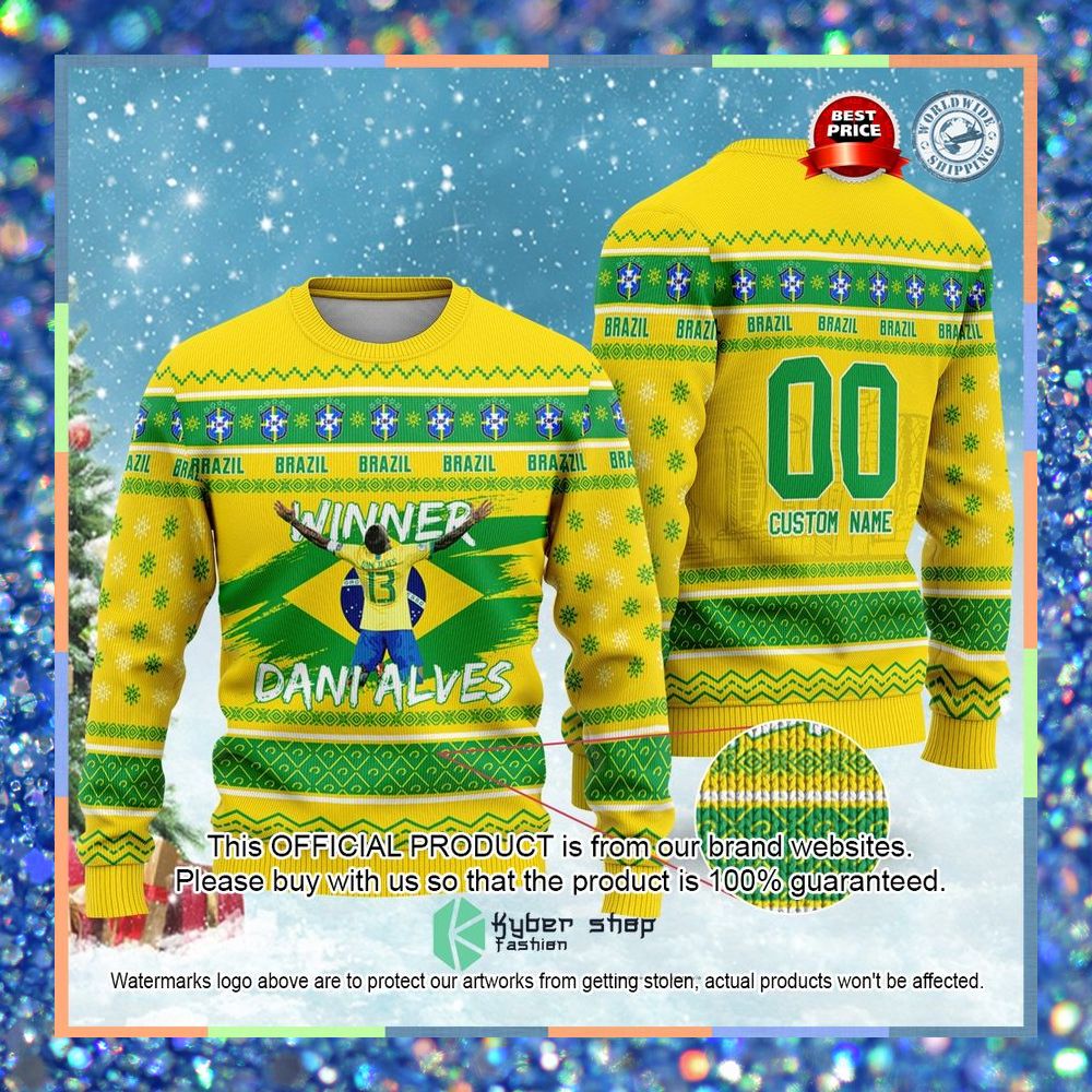 Brazil Dani Alves Custom Name And Number FiFa Qatar World Cup 2022 Christmas Sweater 3 Brazil Dani Alves Custom Name And Number FiFa Qatar World Cup 2022 Christmas Sweater word3