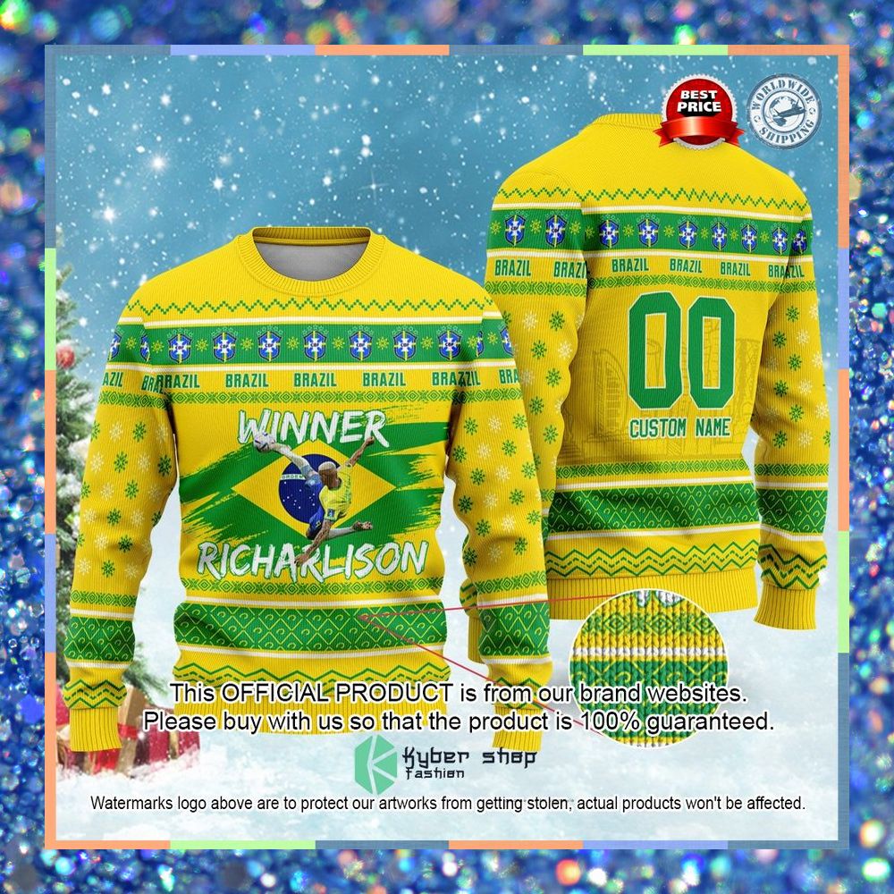 Brazil Richarlison Custom Name And Number FiFa Qatar World Cup 2022 Christmas Sweater 3 Brazil Richarlison Custom Name And Number FiFa Qatar World Cup 2022 Christmas Sweater word3