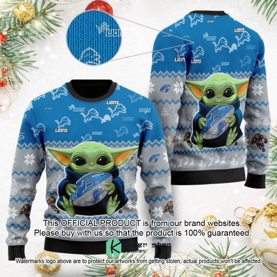 Detroit Lions Baby Yoda Christmas Sweater word1