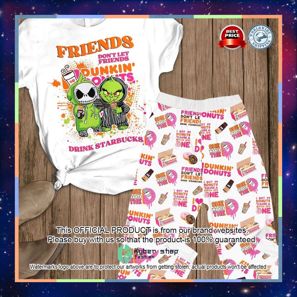 Friends Don't Lie Friend Drink Starbucks Jack Skellington and Grinch Donkin Donut Pajamas Set 3 Friends Don't Lie Friend Drink Starbucks Jack Skellington and Grinch Donkin Donut Pajamas Set word3