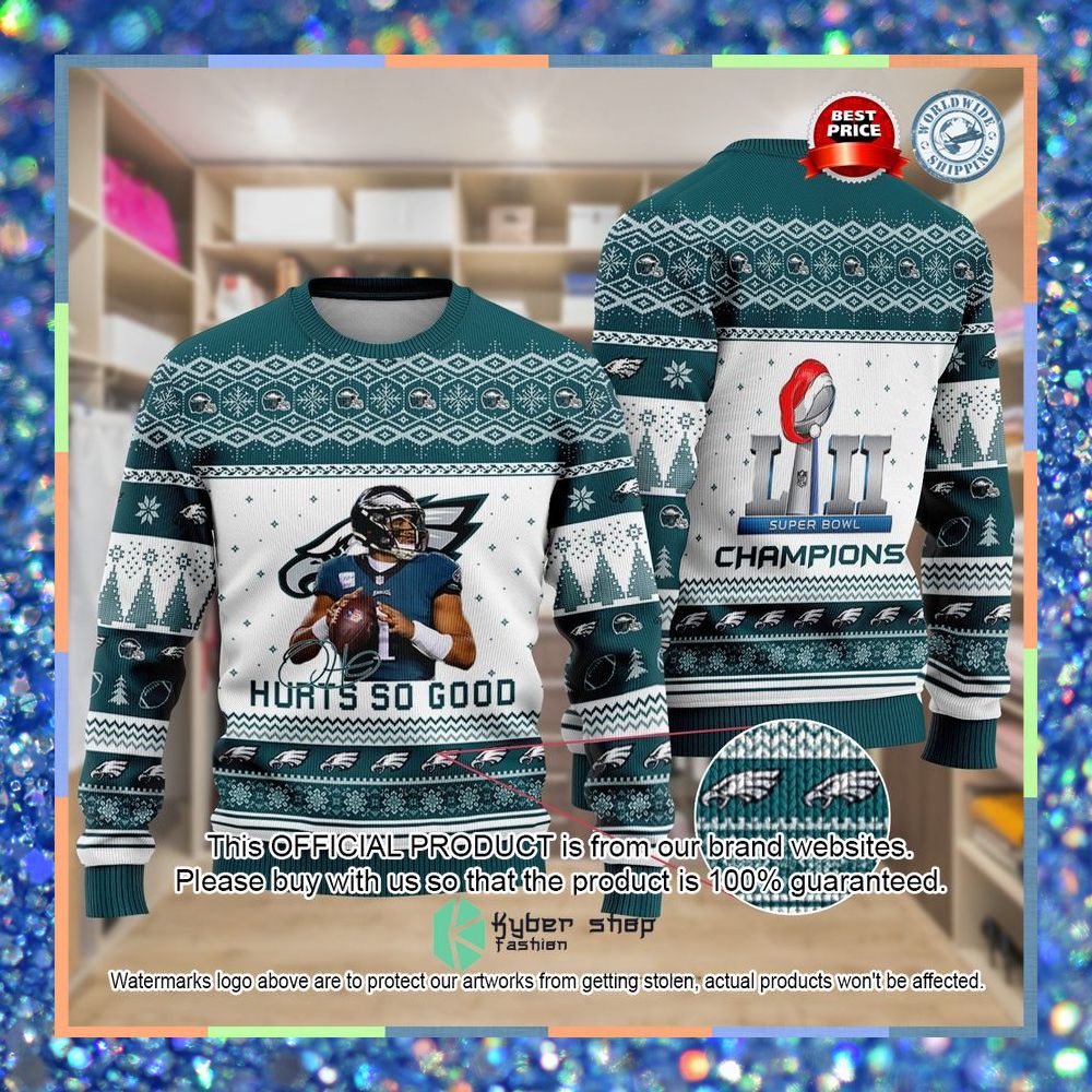 Jalen Hurts Philadelphia Eagles Hurts So Good LVII Super Bowl Champions NFL Christmas Sweater 3 Jalen Hurts Philadelphia Eagles Hurts So Good LVII Super Bowl Champions NFL Christmas Sweater word1