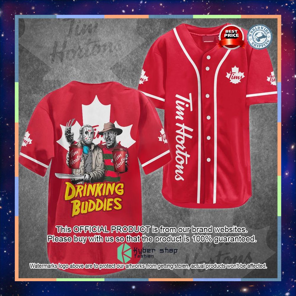 Jason Voorhees Freddy Krueger Tim Hortons Drinking Buddies Baseball Jersey 3 Jason Voorhees Freddy Krueger Tim Hortons Drinking Buddies Baseball Jersey word2