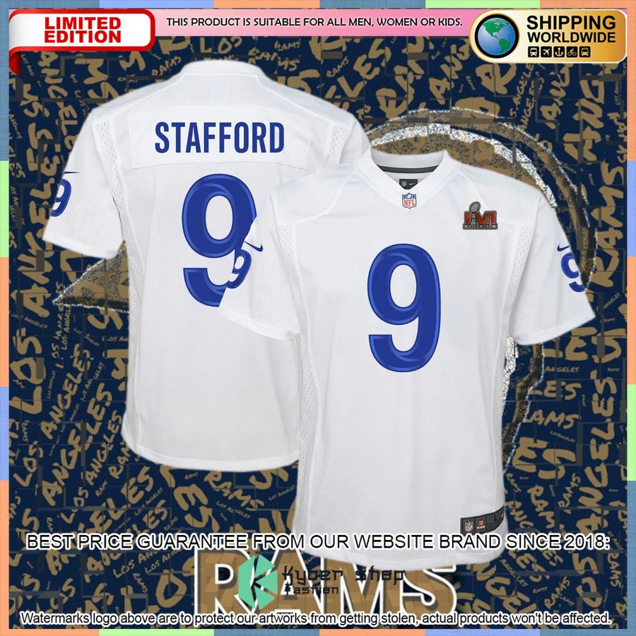 Matthew Stafford Los Angeles Rams Youth Super Bowl LVI Patch White Football Jersey 4 Matthew Stafford Los Angeles Rams Youth Super Bowl LVI Patch White Football Jersey word1