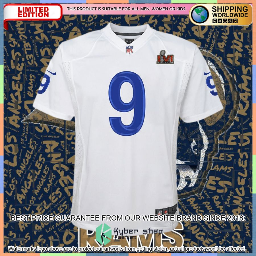 Matthew Stafford Los Angeles Rams Youth Super Bowl LVI Patch White Football Jersey 5 Matthew Stafford Los Angeles Rams Youth Super Bowl LVI Patch White Football Jersey word1